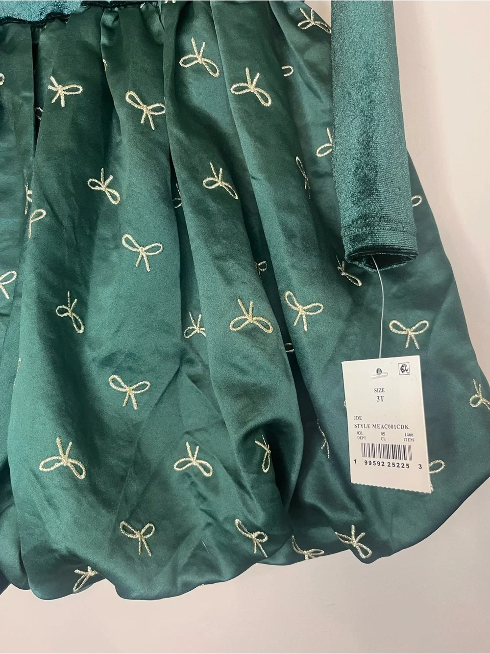 Girls Dark Green Velvet & Satin Holiday Dress with Gold Bow Accents